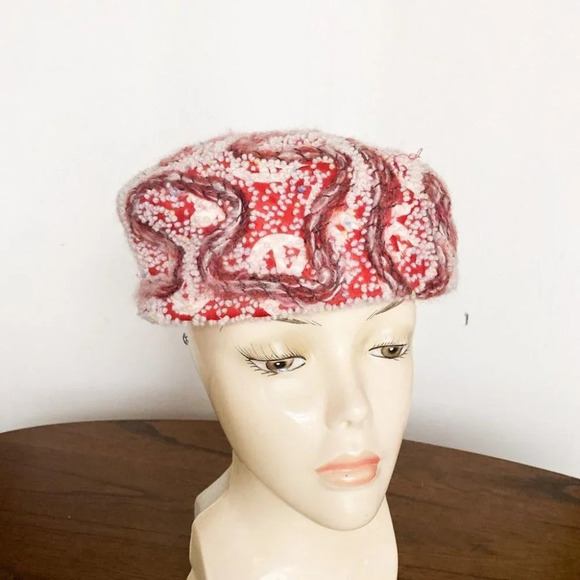Vintage Evelyn Varon Textured Geometric Print  Pill Box Hat - Picture 2 of 8